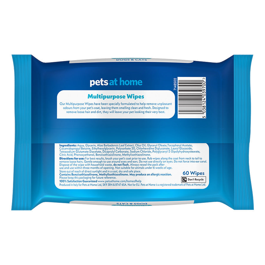 Multipurpose Pet Wipes for Dogs & Cats – 60 Pack Gentle Cleaning Wipes